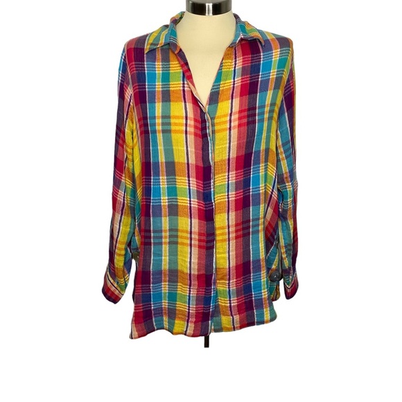 Soft Surroundings Kona Shores Rainbow Plaid Gauze Cotton Button Up Shirt - Picture 2 of 11